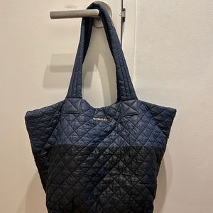 MZ Wallace Two Tone Black/Navy Metro Deluxe Quilted Nylon Tote Bag size Medium